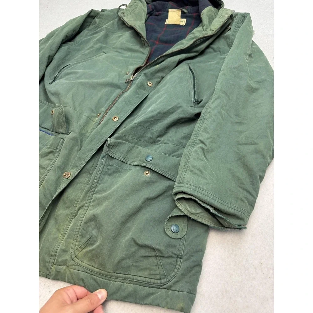 L.L.Bean Maind Warden Coat Men Medium Green Hooded Wool Lined Parka Canvas Field